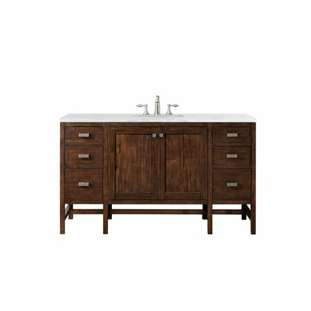 JAMES MARTIN VANITIES Addison 60in Single Vanity, Mid-Century Acacia w/ 3 CM Arctic Fall Solid Surface Top E444-V60S-MCA-3AF